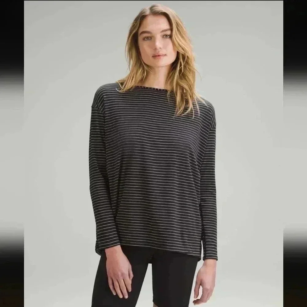 Lululemon Back in Action Long-Sleeve Shirt Synchronise Stripe Black White - Picture 2 of 7